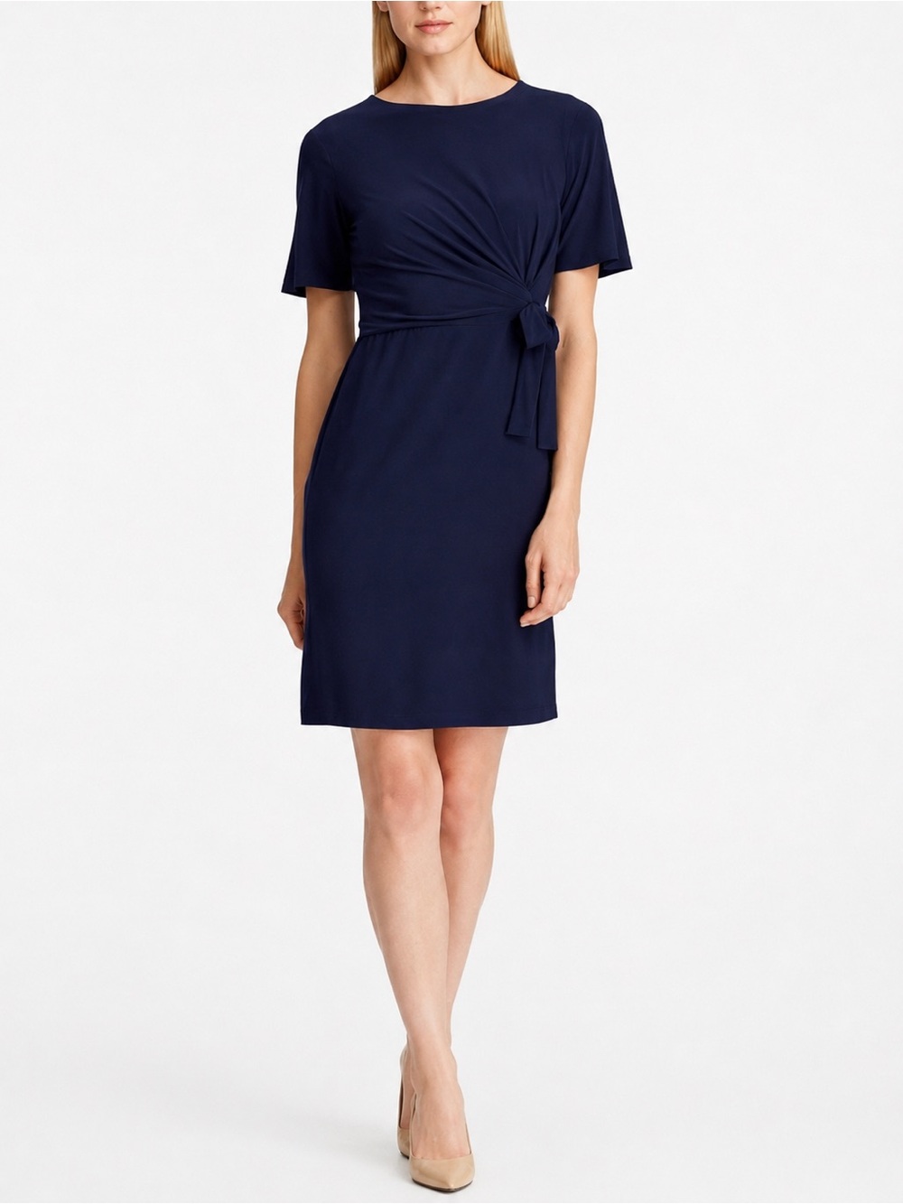 American Living Navy Front Tie Jersey Sheath Dress Size 4 Work Career
